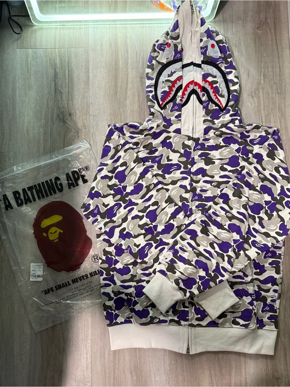 A Bathing Ape' Purple Camo Shark Zip Hoodie